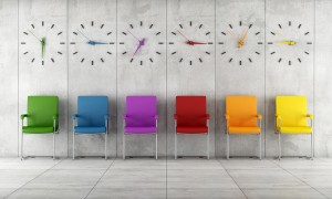 Waiting room with colorful chairs and clocks - rendering